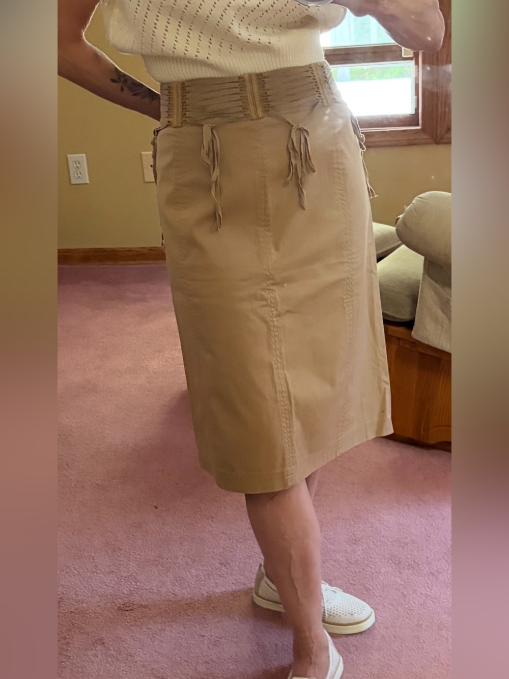 Anthropologie Tan Smocked Waist Pencil Skirt